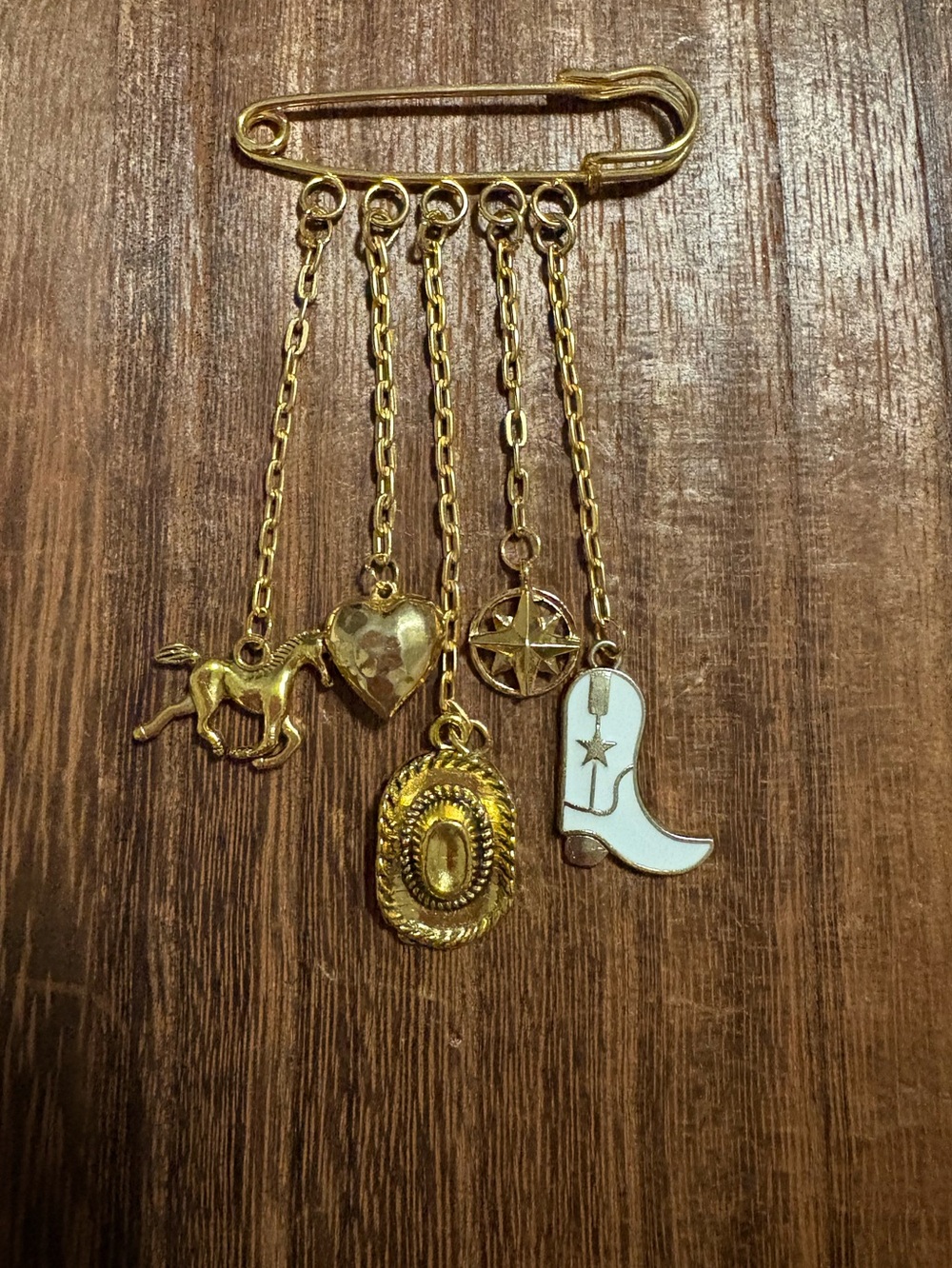 Handmade Gold Western Charm Brooch Pin with Cowboy Boot, Horse & Heart Charms